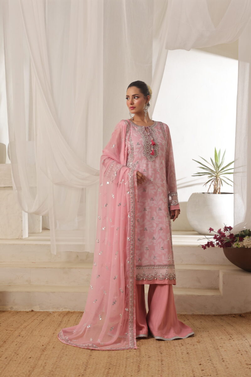 FB-207 | Floral Pink | 3 Pcs Semi-Stitch Chiffon