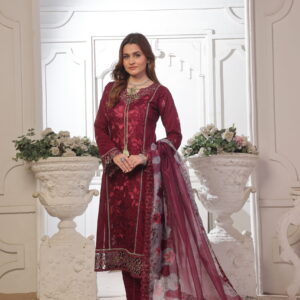 FB-160 | Opulent Maroon | 3 Pcs Unstitch With Cotton Trouser