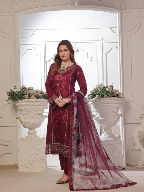 FB-160 | Opulent Maroon | 3 Pcs Unstitch With Cotton Trouser