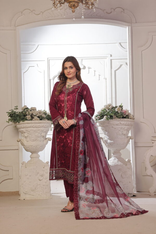 FB-160 | Opulent Maroon | 3 Pcs Unstitch With Cotton Trouser
