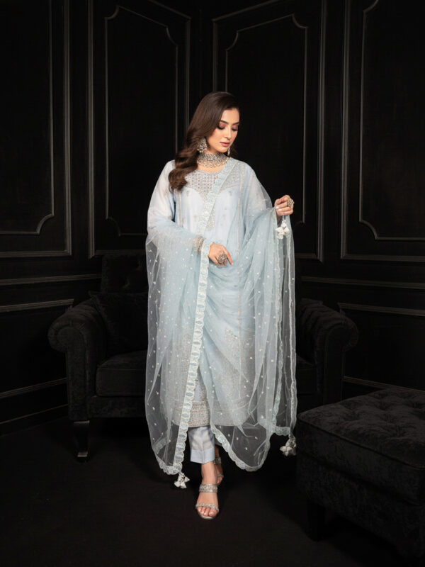 FB-262 | Crystal Ferozi | 3 Pcs Luxury Lava Silk Embroidered Suit with Net Dupatta