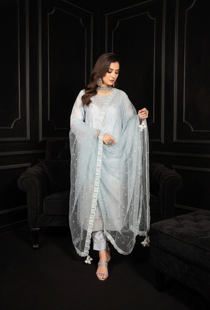 FB-262 | Crystal Ferozi | 3 Pcs Luxury Lava Silk Embroidered Suit with Net Dupatta