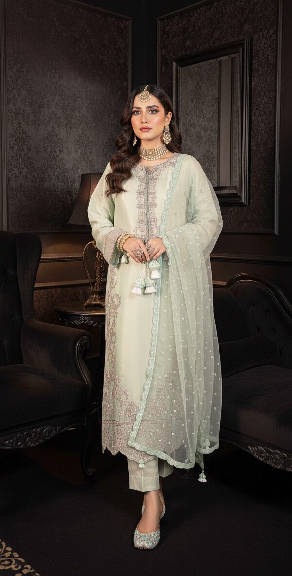 FB-263 | Pista Green | 3 Pcs Luxury Lava Silk Embroidered Suit with Net Dupatta