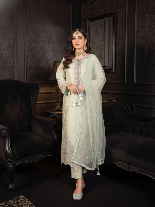 FB-263 | Pista Green | 3 Pcs Luxury Lava Silk Embroidered Suit with Net Dupatta
