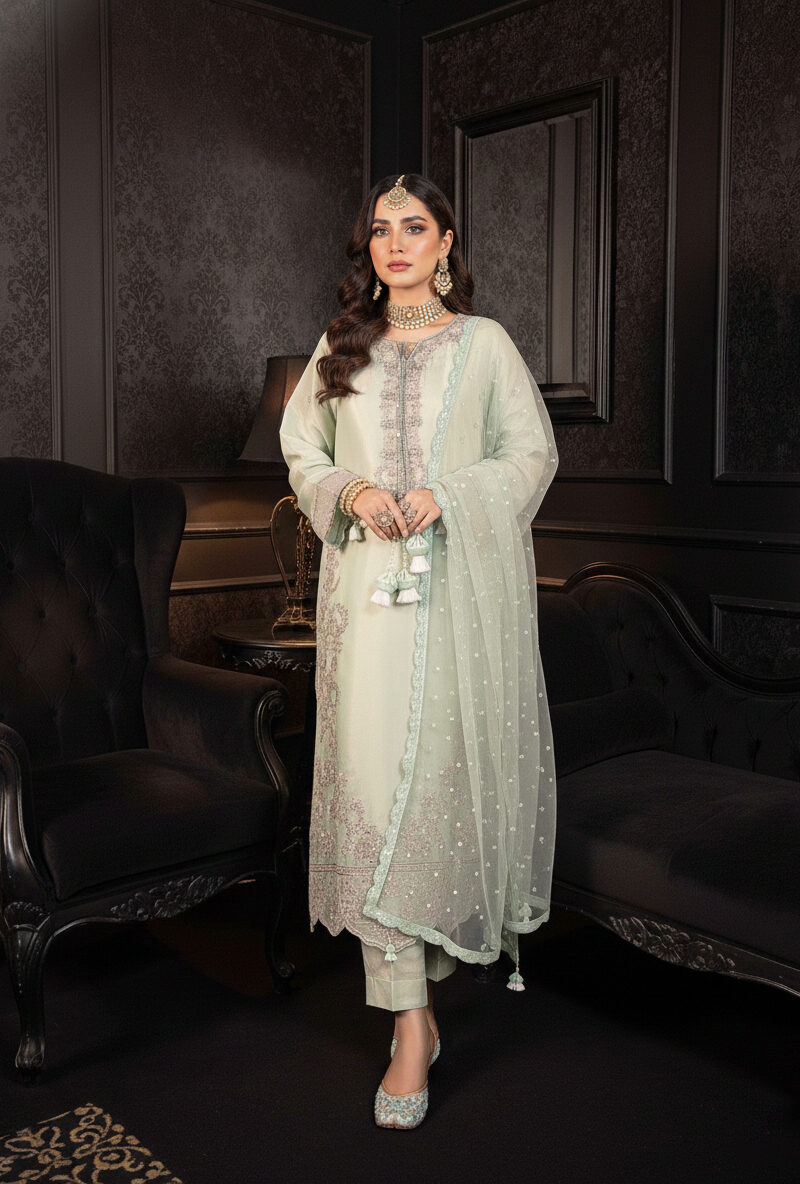 FB-263 | Pista Green | 3 Pcs Luxury Lava Silk Embroidered Suit with Net Dupatta