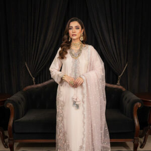 FB-263 | Peachy Pink | 3 Pcs Luxury Lava Silk Embroidered Suit with Net Dupatta