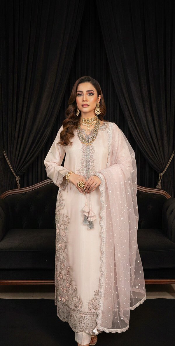 FB-263 | Peachy Pink | 3 Pcs Luxury Lava Silk Embroidered Suit with Net Dupatta