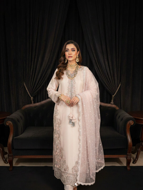 FB-263 | Peachy Pink | 3 Pcs Luxury Lava Silk Embroidered Suit with Net Dupatta
