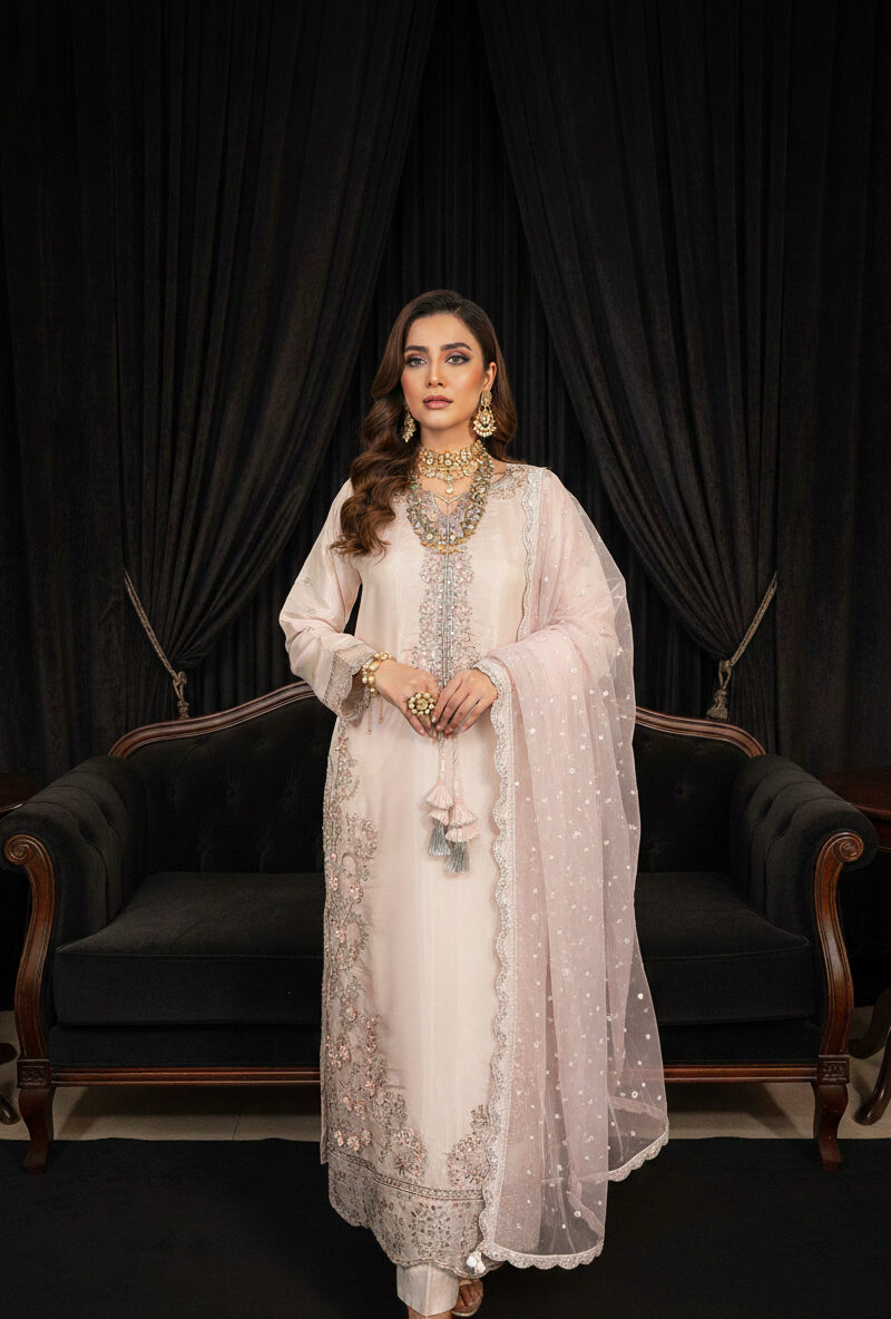 FB-263 | Peachy Pink | 3 Pcs Luxury Lava Silk Embroidered Suit with Net Dupatta