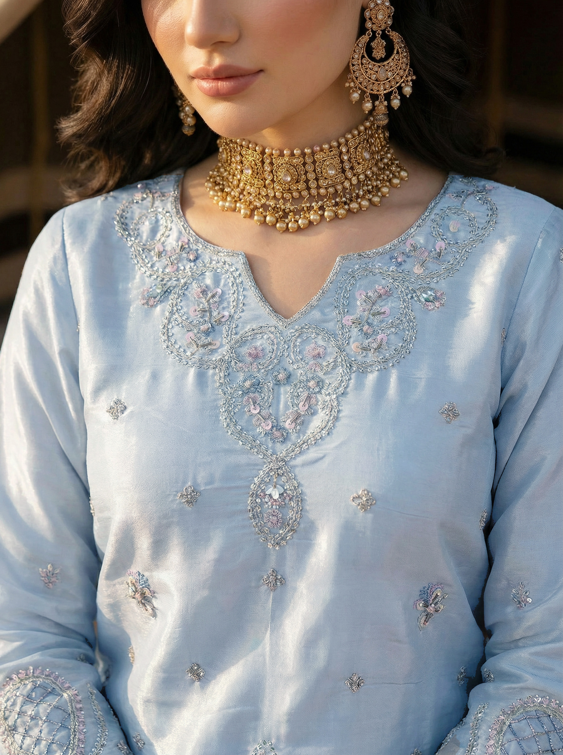 FB-270 | Ferozi Silk | 3 Pcs Unstitch With Dyed Trouser - Image 3