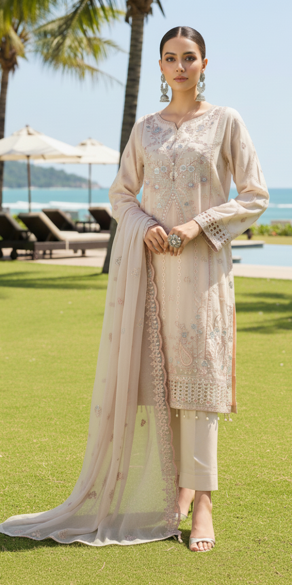 FB-245 | Pearl Beige | 3 Pcs Semi-Stitch Chiffon