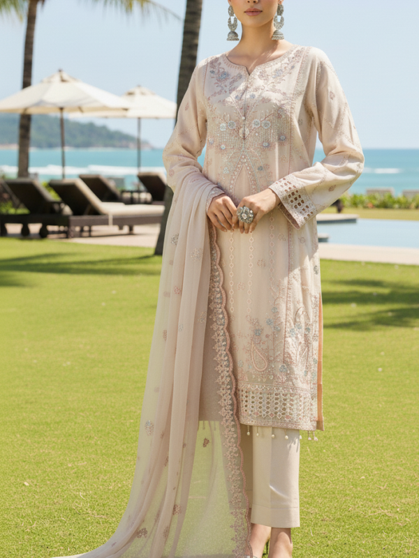 FB-245 | Pearl Beige | 3 Pcs Semi-Stitch Chiffon