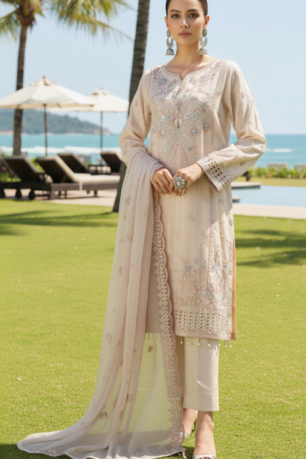 FB-245 | Pearl Beige | 3 Pcs Semi-Stitch Chiffon