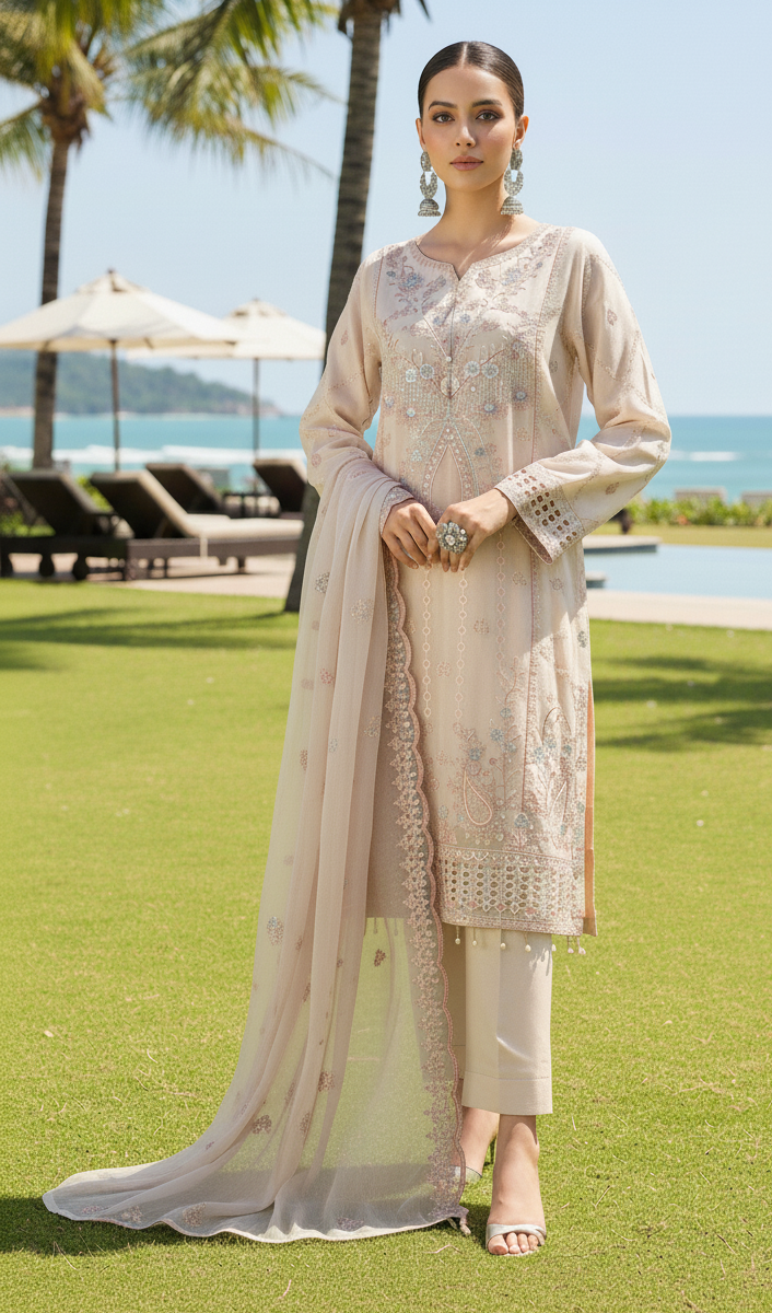 FB-245 | Pearl Beige | 3 Pcs Semi-Stitch Chiffon