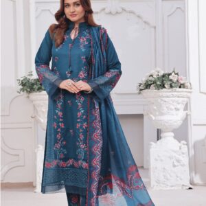 FB-189 | Deep Teal Bloom | 3 Pcs Unstitch With Cotton Trouser