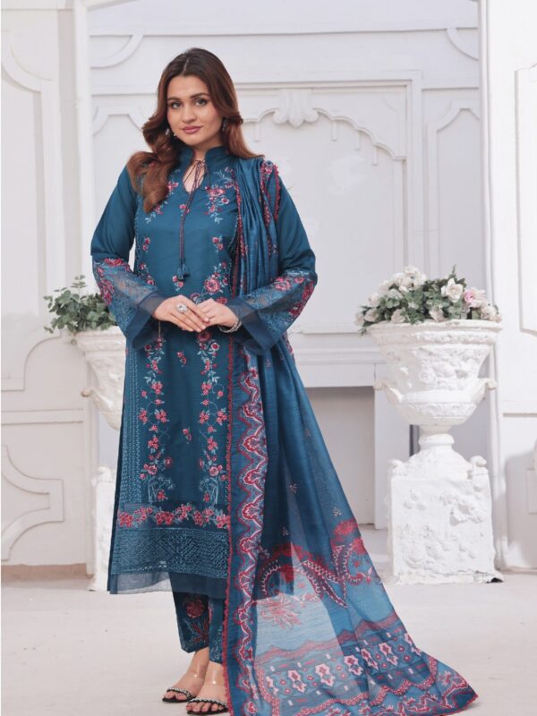 FB-189 | Deep Teal Bloom | 3 Pcs Unstitch With Cotton Trouser