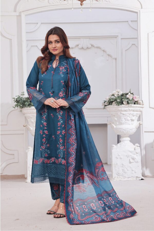 FB-189 | Deep Teal Bloom | 3 Pcs Unstitch With Cotton Trouser