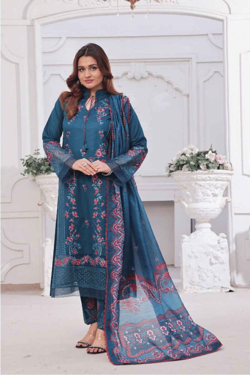 FB-189 | Deep Teal Bloom | 3 Pcs Unstitch With Cotton Trouser