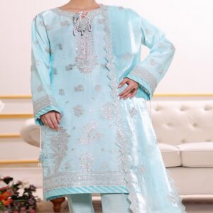 FB-258 | Glacier Blue | 3 Pcs Luxury Lava Silk Embroidered Suit with Net Dupatta