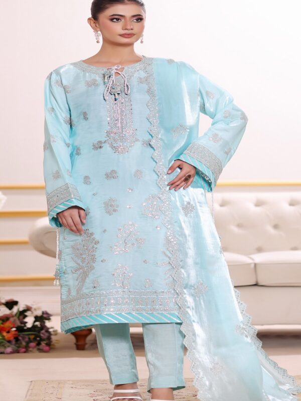 FB-258 | Glacier Blue | 3 Pcs Luxury Lava Silk Embroidered Suit with Net Dupatta