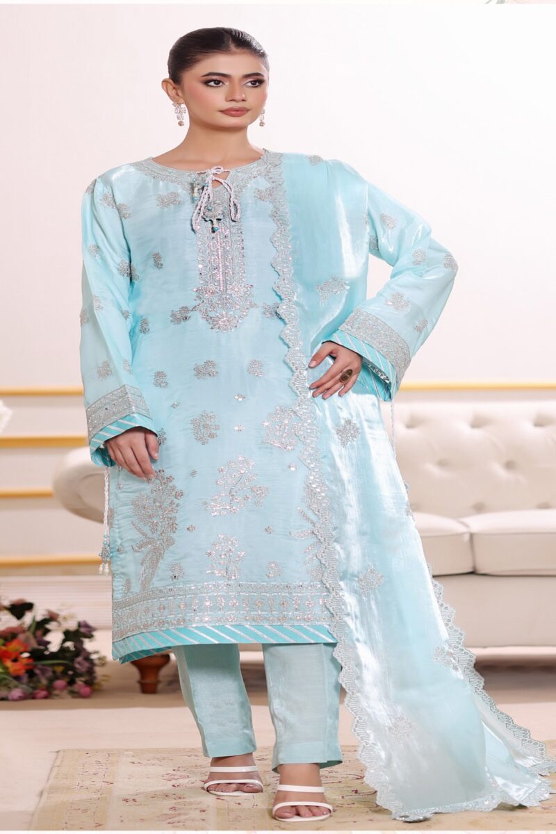 FB-258 | Glacier Blue | 3 Pcs Luxury Lava Silk Embroidered Suit with Net Dupatta