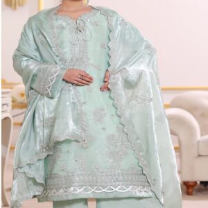 FB-258 | Royal Mint | 3 Pcs Luxury Lava Silk Embroidered Suit with Net Dupatta