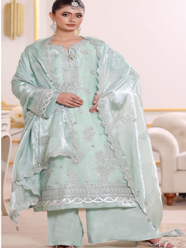 FB-258 | Royal Mint | 3 Pcs Luxury Lava Silk Embroidered Suit with Net Dupatta