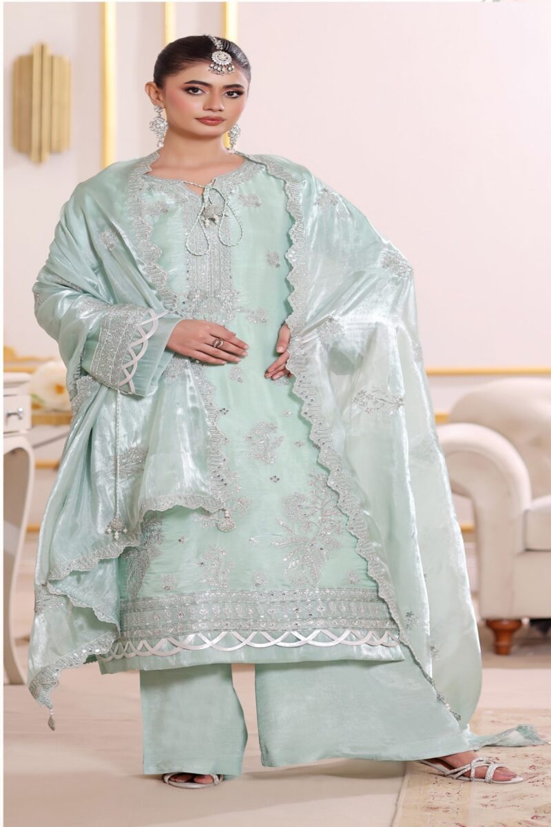 FB-258 | Royal Mint | 3 Pcs Luxury Lava Silk Embroidered Suit with Net Dupatta