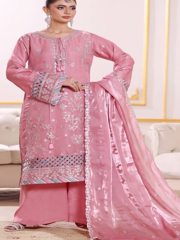 FB-259 | Antique Pink | 3 Pcs Luxury Lava Silk Embroidered Suit with Net Dupatta