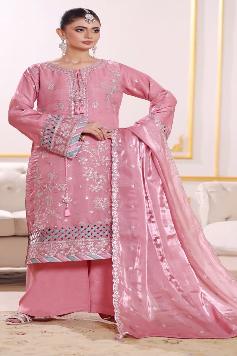FB-259 | Antique Pink | 3 Pcs Luxury Lava Silk Embroidered Suit with Net Dupatta