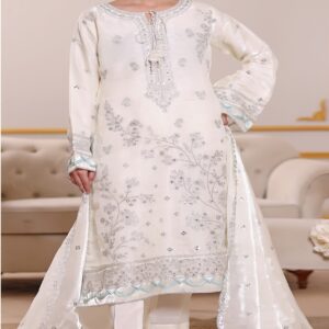FB-259 | Pearl White | 3 Pcs Luxury Lava Silk Embroidered Suit with Net Dupatta