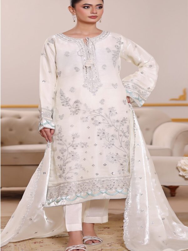 FB-259 | Pearl White | 3 Pcs Luxury Lava Silk Embroidered Suit with Net Dupatta