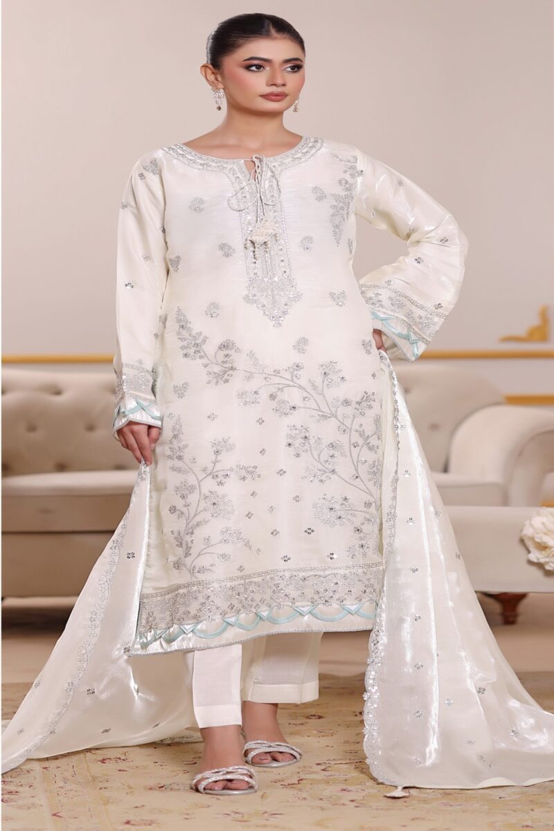 FB-259 | Pearl White | 3 Pcs Luxury Lava Silk Embroidered Suit with Net Dupatta