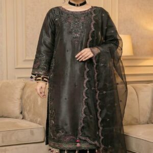 FB-267 | Eclipse Black | 3 Pcs Luxury Lava Silk Embroidered Suit with Net Dupatta