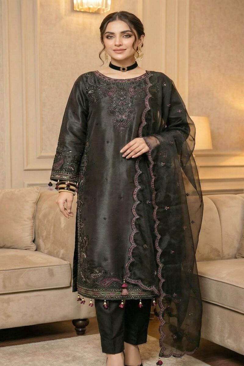 FB-267 | Eclipse Black | 3 Pcs Luxury Lava Silk Embroidered Suit with Net Dupatta