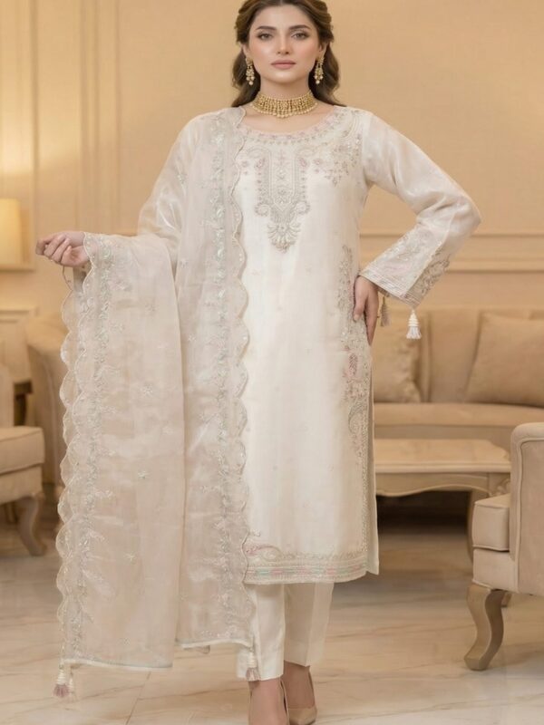 FB-267 | Opal White | 3 Pcs Luxury Lava Silk Embroidered Suit with Net Dupatta