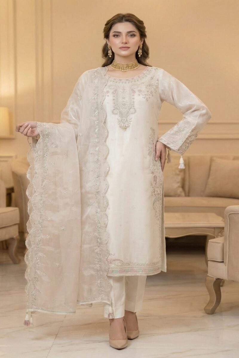 FB-267 | Opal White | 3 Pcs Luxury Lava Silk Embroidered Suit with Net Dupatta