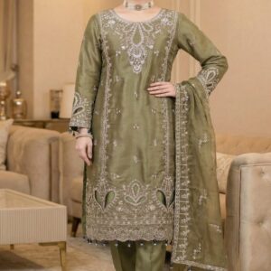 FB-271 | Sage Olive | 3 Pcs Luxury Lava Silk Embroidered Suit with Net Dupatta