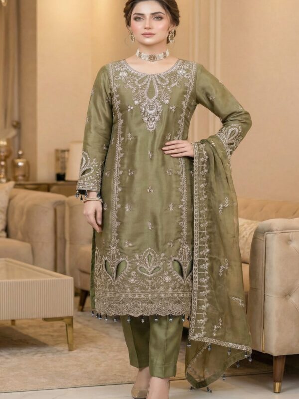 FB-271 | Sage Olive | 3 Pcs Luxury Lava Silk Embroidered Suit with Net Dupatta