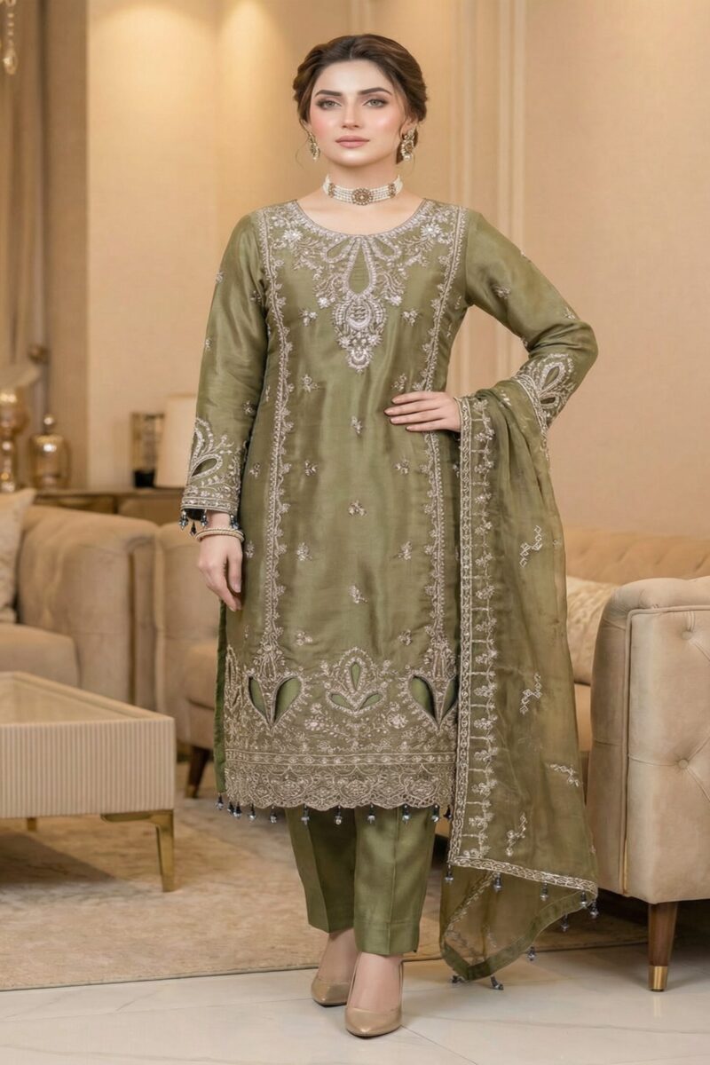 FB-271 | Sage Olive | 3 Pcs Luxury Lava Silk Embroidered Suit with Net Dupatta