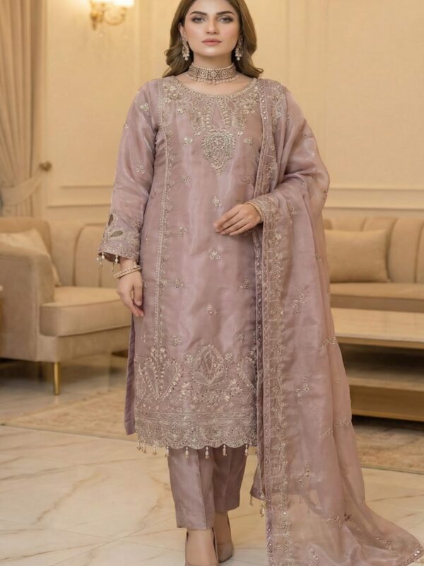 FB-271 | Antique Rosewood | 3 Pcs Luxury Lava Silk Embroidered Suit with Net Dupatta