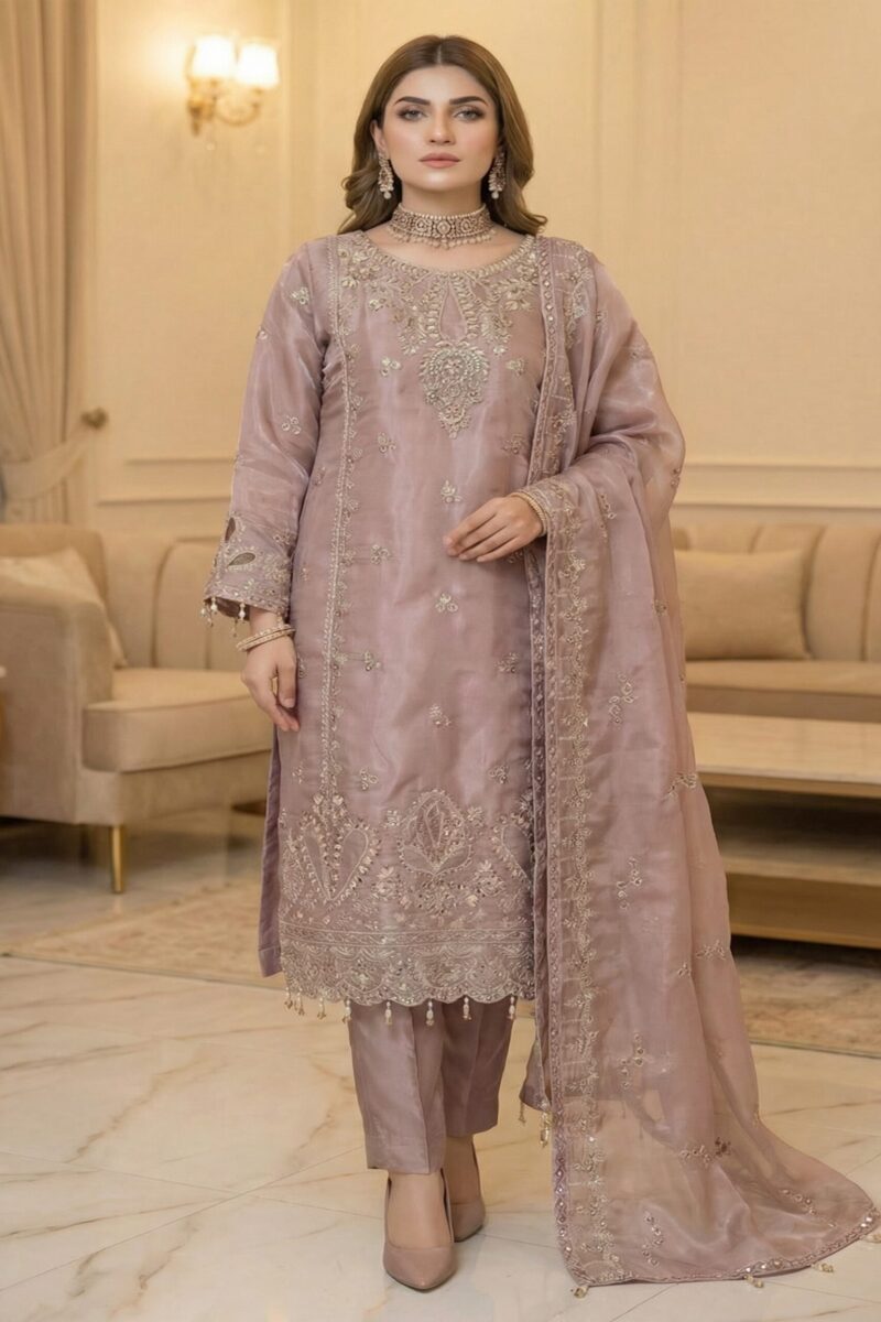 FB-271 | Antique Rosewood | 3 Pcs Luxury Lava Silk Embroidered Suit with Net Dupatta