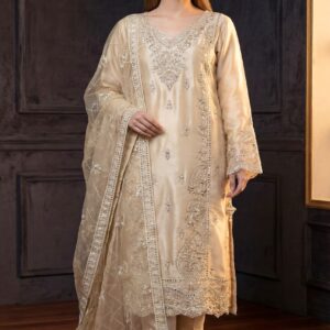 FB-264 | Ivory Gold | 3 Pcs Luxury Lava Silk Embroidered Suit with Net Dupatta