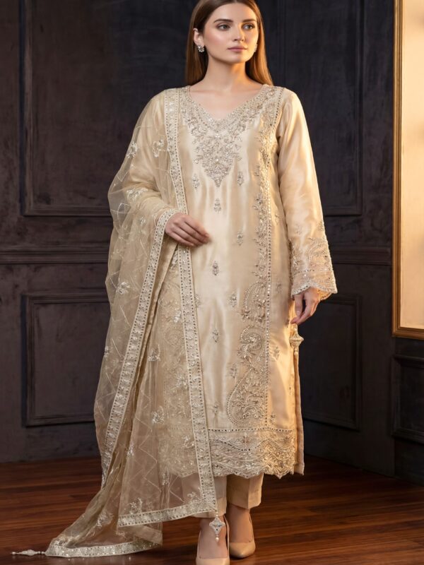 FB-264 | Ivory Gold | 3 Pcs Luxury Lava Silk Embroidered Suit with Net Dupatta