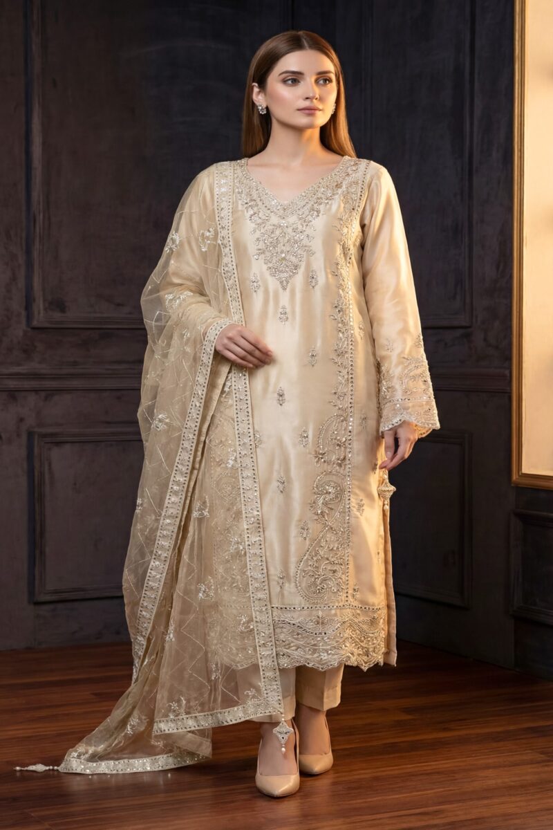 FB-264 | Ivory Gold | 3 Pcs Luxury Lava Silk Embroidered Suit with Net Dupatta
