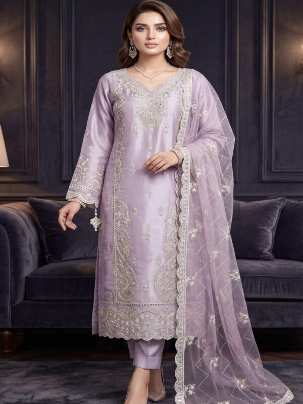 FB-264 | Lilac Pearl | 3 Pcs Luxury Lava Silk Embroidered Suit with Net Dupatta