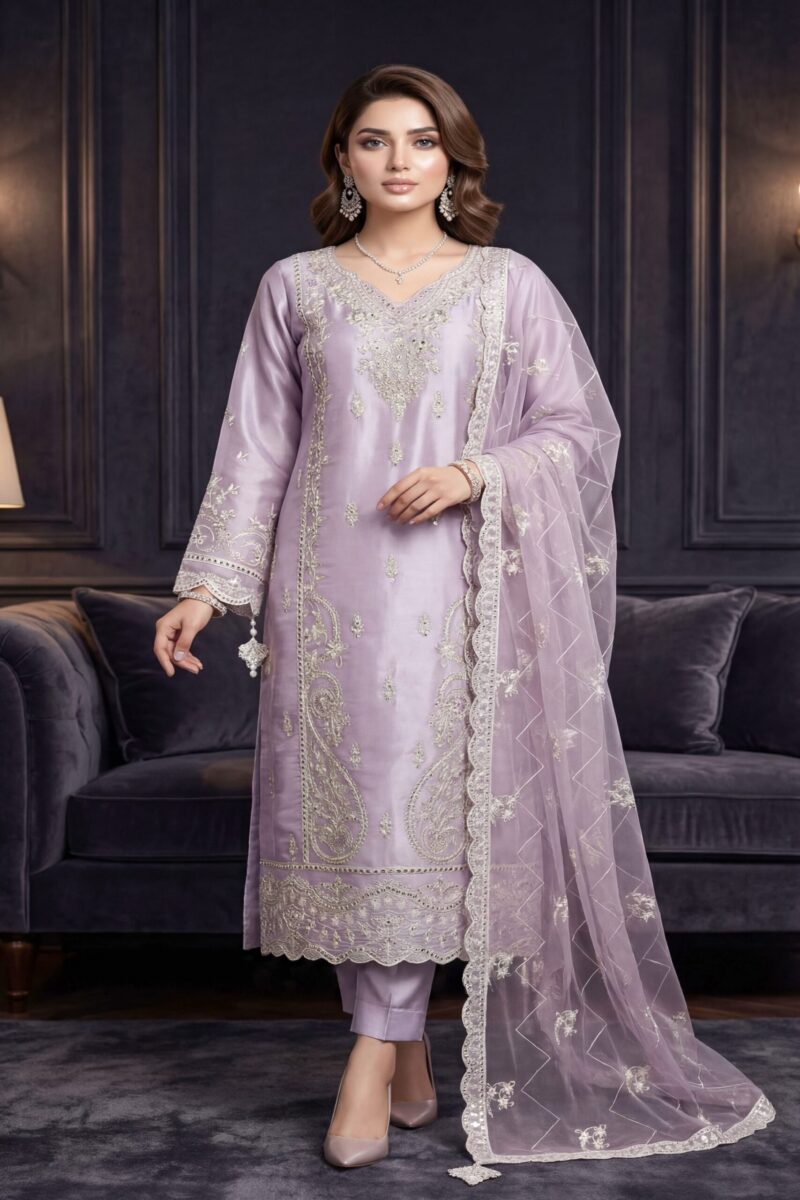 FB-264 | Lilac Pearl | 3 Pcs Luxury Lava Silk Embroidered Suit with Net Dupatta