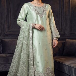 FB-271 | Heirloom Pista | 3 Pcs Luxury Lava Silk Embroidered Suit with Net Dupatta