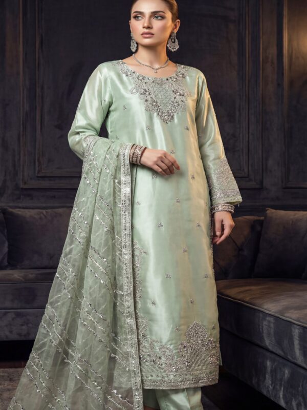 FB-271 | Heirloom Pista | 3 Pcs Luxury Lava Silk Embroidered Suit with Net Dupatta