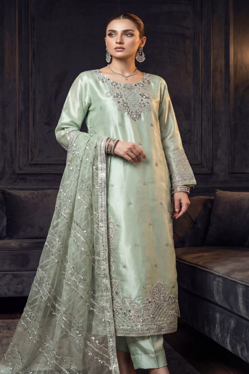 FB-271 | Heirloom Pista | 3 Pcs Luxury Lava Silk Embroidered Suit with Net Dupatta